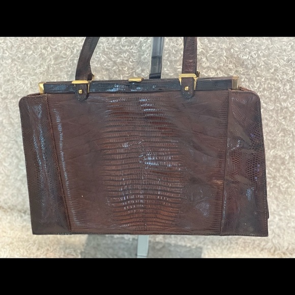 VINTAGE ESCORT BAG GENUINE LIZARD BROWN STRUCTURED FRAME HANDBAG SATCHEL VTG - Picture 2 of 16